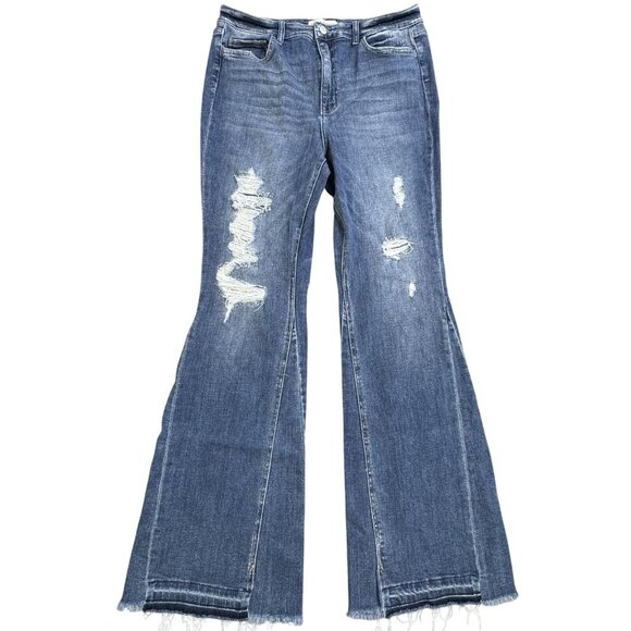 Flying Monkey Womens Size 32 Blue Distressed Denim Flared Leg Jeans Frayed Hem - Picture 1 of 12